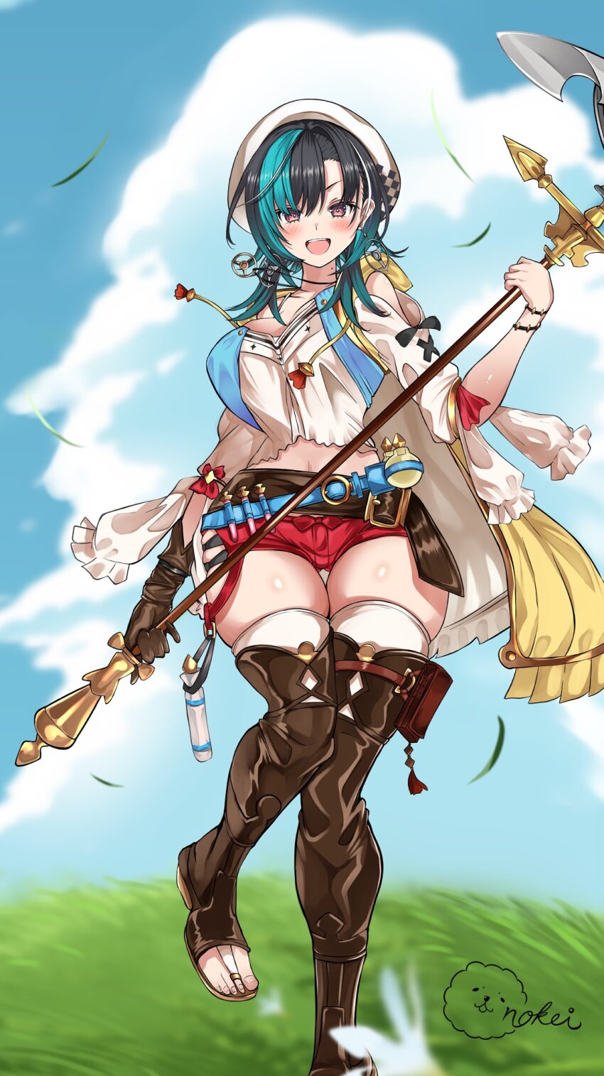 1girl :d aqua_hair aqua_streaks artist_logo atelier_(series) atelier_ryza atelier_ryza_1 beret black_hair blue_sky blush boots bracelet breasts bridal_legwear brown_gloves cloud cloudy_sky cosplay crossed_belts earrings feet flask gloves grass hair_between_eyes hat highres holding holding_staff hololive hololive_dev_is inokeiwd jewelry large_breasts leather leather_belt leather_gloves logo looking_at_viewer medium_hair mole mole_on_neck multicolored_hair navel necklace open-toe_boots open_mouth outdoors red_eyes red_shorts reisalin_stout reisalin_stout_(cosplay) rindo_chihaya round-bottom_flask short_shorts shorts signature single_glove skindentation sky smile solo staff streaked_hair teeth thick_thighs thigh_boots thigh_gap thighhighs thighs two-tone_hair upper_teeth_only vial virtual_youtuber white_hair white_hat white_streaks