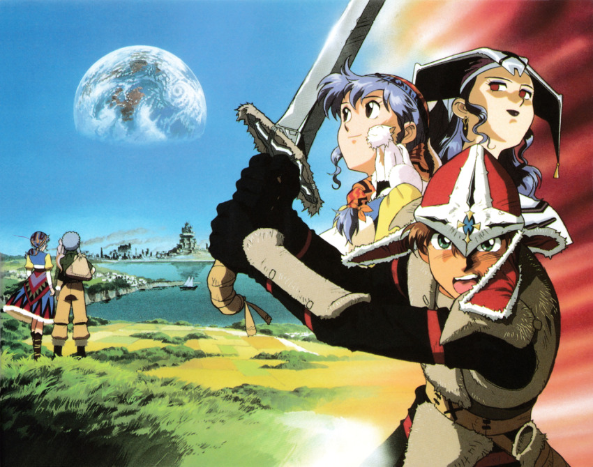 1990s_(style) 1boy 2girls alex_noah artist_request bandana black_lips blue_hair day dragonmaster dress fantasy helmet holding lipstick looking_at_viewer luna_noah lunar lunar:_the_silver_star makeup multiple_girls nall_(lunar) non-web_source official_art open_mouth planet retro_artstyle smile standing sword two-handed weapon