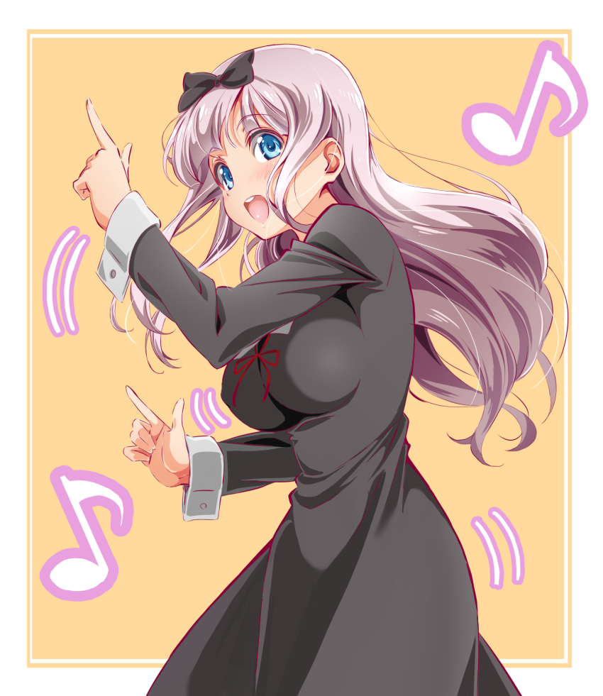 1girl :d bad_id bad_pixiv_id black_bow black_dress blue_eyes bow chikattochikachika_(kaguya-sama_wa_kokurasetai) cowboy_shot dress female_focus floating_hair fujiwara_chika hair_bow highres index_finger_raised kaguya-sama_wa_kokurasetai_~tensai-tachi_no_renai_zunousen~ long_dress long_hair long_sleeves musical_note neck_ribbon ngv3553 open_mouth red_ribbon ribbon school_uniform shuuchiin_academy_school_uniform silver_hair smile solo standing yellow_background