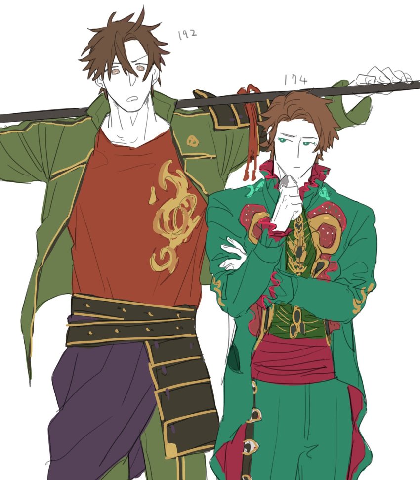 2boys armor bad_id bad_twitter_id bbbb_fex black_gloves brown_eyes brown_hair crossover eating multiple_expressions food foreshortening full_body gloves green_eyes green_jacket green_pants height_difference highres jacket japanese_armor kamen_rider kamen_rider_revice male_focus mexican_clothes multiple_boys olteca_(kamen_rider_revice) open_mouth otegine pants polearm shade shaded_face shoulder_armor smirk sode solo spear teeth touken_ranbu trait_connection wagashi weapon yari