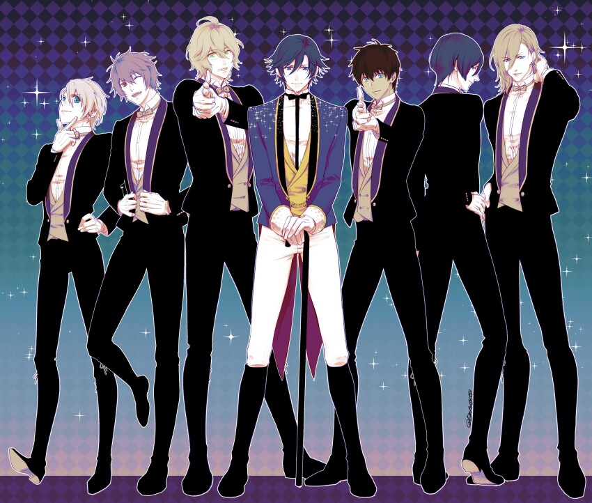 6+boys :d ;d absurdres adjusting_clothes aijima_cecil aiming aiming_at_viewer aqua_eyes argyle_background argyle_clothes black_bow black_bowtie black_footwear black_jacket black_pants blonde_hair blue_background blue_eyes blue_hair blue_jacket boots bow bowtie brown_hair cane closed_mouth cowlick dress_shirt earrings finger_gun full_body glasses gloves gradient_background green_eyes group_picture hair_behind_ear hair_between_eyes hand_on_own_chin hand_on_own_hip hand_on_own_neck highres hijirikawa_masato holding holding_cane ichinose_tokiya ittoki_otoya jacket jewelry jinguuji_ren knee_boots kurusu_shou lapels legs_apart lineup long_sleeves looking_at_viewer male_focus matching_outfits medium_hair multiple_boys muted_color official_alternate_costume one_eye_closed open_mouth orange_hair pants profile red_eyes red_hair shawl_lapels shinomiya_natsuki_(uta_no_prince-sama) shirt short_hair sleeve_cuffs smile sparkle standing starish stud_earrings tailcoat tomo_(tomhaty333) traditional_bowtie uta_no_prince-sama vest white_gloves white_pants white_shirt yellow_bow yellow_bowtie yellow_vest