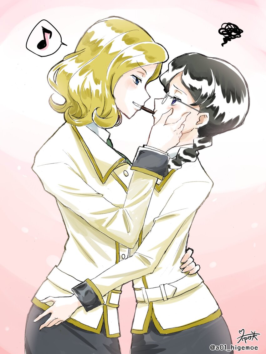2girls black_hair black_skirt blonde_hair blue_eyes braid code_geass food food_in_mouth glasses hand_on_another&#039;s_face hand_on_another&#039;s_hip highres kisaki_(pixiv3016850) milly_ashford miniskirt multiple_girls musical_note nina_einstein pocky pocky_in_mouth school_uniform short_hair signature simple_background skirt twitter_username two-tone_background upper_body yuri
