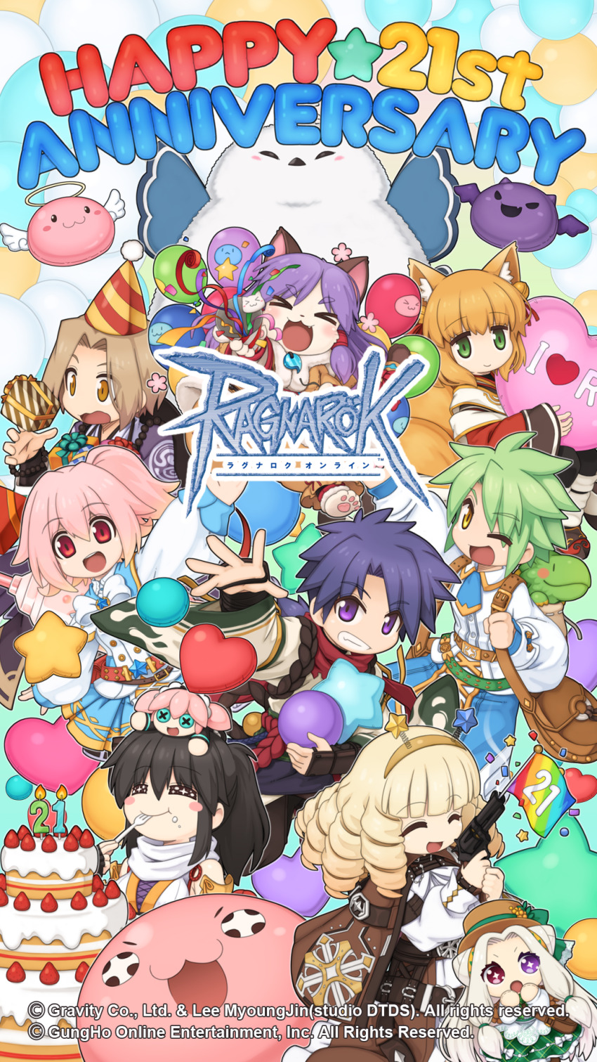 +_+ 3boys 6+girls :3 :d angeling animal_ears anniversary armor balloon barefoot bell belt bird black_hair blonde_hair blue_necktie blue_skirt bow bowtie box breasts brown_belt brown_coat brown_hair brown_hairband brown_skirt buttons cake cake_slice candle capelet cat_girl cat_tail child_admin_beta closed_eyes closed_mouth coat cone_hair_bun confetti copyright_notice cowboy_shot detached_sleeves deviling double_bun drill_hair eating flag_gun food fox_ears fox_girl fox_tail fur_coat gift gift_box gold_trim green_eyes grey_capelet grey_hair grin gun hair_bell hair_bun hair_ornament hair_ribbon hairband halo handgun heterochromia highres holding holding_gun holding_weapon hyper_novice_(ragnarok_online) i_heart... iwin_(ragnarok_online) japanese_armor jingle_bell kote logo long_hair long_sleeves looking_at_viewer low_ponytail medium_breasts medium_hair multiple_boys multiple_girls necktie night_watch_(ragnarok_online) official_art official_wallpaper one_eye_closed open_mouth orange_eyes party_popper pink_hair pitaya_(ragnarok_online) pleated_skirt ponytail pope_(ragnarok_online) poring puffy_long_sleeves puffy_sleeves purple_eyes purple_hair ragnarok_online red_bow red_eyes revolver ribbon rope shinkiro_(ragnarok_online) shiranui_(ragnarok_online) shirt short_hair short_necktie skirt sky_emperor_(ragnarok_online) small_breasts smile soul_ascetic_(ragnarok_online) spirit_handler_(ragnarok_online) tail tail_bow tail_ornament weapon white_bow white_bowtie white_coat white_shirt white_sleeves white_wings wings yellow_eyes yuichirou