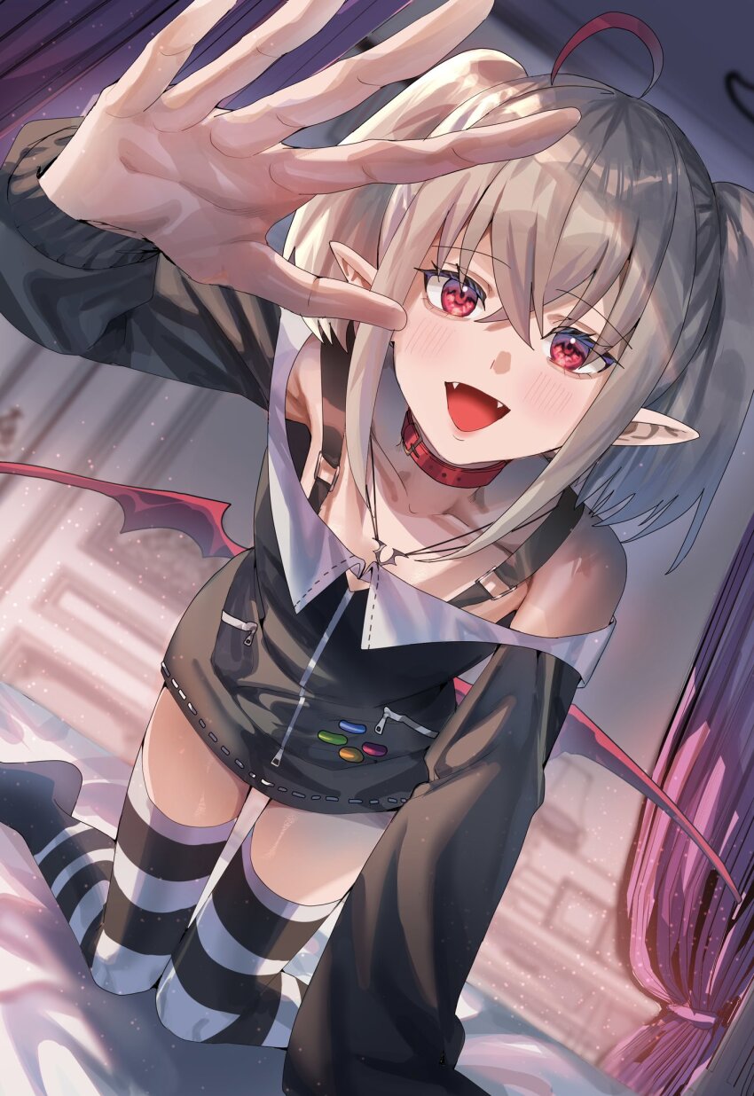 1girl ahoge armpits badge bare_shoulders belt betti_(maron) black_jacket black_skirt black_thighhighs blush button_badge collar collarbone demon_wings dutch_angle dyed_ahoge fangs foreshortening full_body grey_hair hair_between_eyes highres indoors jacket jewelry kneeling knees_together_feet_apart looking_at_viewer low_wings makaino_ririmu makaino_ririmu_(2nd_costume) medium_hair miniskirt multicolored_hair necklace nijisanji no_shoes off-shoulder_jacket off_shoulder on_bed open_mouth palms pointy_ears reaching reaching_towards_viewer red_collar red_eyes red_hair red_wings sidelocks skirt smile solo streaked_hair striped_clothes striped_thighhighs thighhighs twintails virtual_youtuber white_thighhighs wings zettai_ryouiki zipper zipper_pull_tab