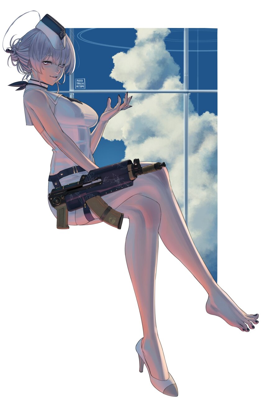 1girl absurdres aks-74u assault_rifle barefoot black_nails blue_archive blue_sky breasts cloud crossed_legs dress feet garrison_cap grey_eyes grey_hair gun hair_ornament halo hat highres itokonoue_kaoru kalashnikov_rifle knees_together_feet_apart legs long_hair nail_polish necktie pencil_dress project_kv puto_trash rifle shoes short_necktie single_shoe sky toenail_polish toenails toes utnapishtim_operator_uniform_(blue_archive) weapon white_dress