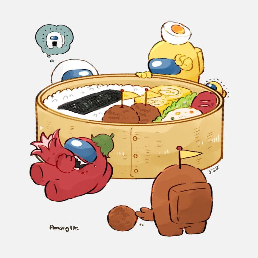 5others among_us bento brown_(among_us) commentary crewmate_(among_us) eating egg_(food) food food_art food_focus food_on_head grey_background hardboiled_egg highres holding holding_food impostor_(among_us) lettuce looking_down lying meatball mini_crewmate_(among_us) mini_flag multiple_others no_humans nori_(seaweed) object_on_head omelet on_back oversized_food oversized_object pennant red_(among_us) rice simple_background speech_bubble standing tako-san_wiener tamagoyaki tenmiyakiyo thought_bubble white_(among_us) yellow_(among_us)