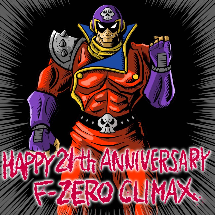 1boy anniversary armor belt black_background blood_falcon cowboy_shot english_text f-zero f-zero_climax f-zero_falcon_densetsu facing_viewer fingerless_gloves gloves grey_background grin helmet highres imamura_takaya jacket motion_lines nintendo open_mouth pauldrons scarf shoulder_armor skull_belt smile solo speed_lines