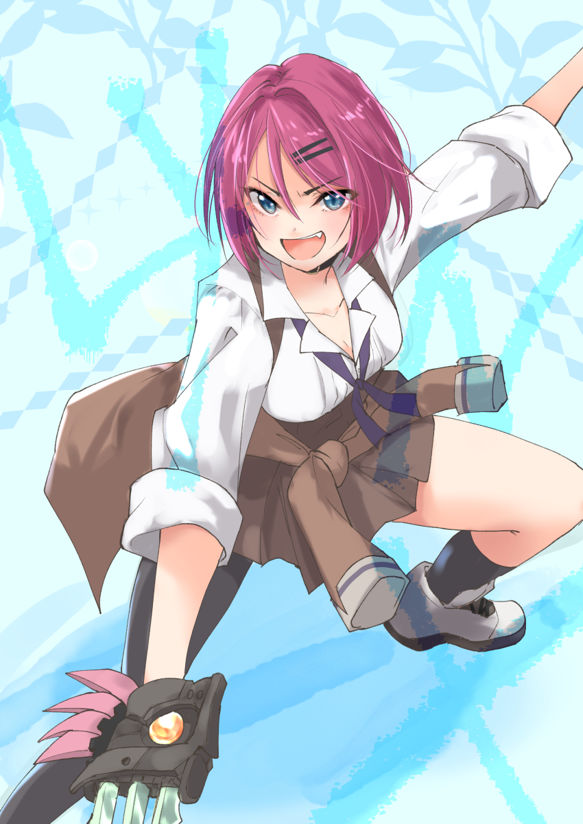 1girl :d absurdres arm_up assault_lily asymmetrical_legwear black_socks blue_background blue_eyes breasts brown_jacket brown_skirt claw_(weapon) cleavage clothes_around_waist collarbone commentary fang fighting_stance floral_background foot_out_of_frame hair_between_eyes hair_ornament hairclip high-waist_skirt highres jacket jacket_around_waist legs_apart long_bangs long_sleeves looking_at_viewer medium_breasts miniskirt neck_ribbon open_mouth outstretched_arms pink_hair pleated_skirt purple_ribbon ribbon school_uniform shirt shoes short_hair single_leg_pantyhose single_sock skirt sleeves_rolled_up smile sneakers socks solo standing teeth three-quarter_sleeves tsujimoto_yuunagi uneven_legwear upper_teeth_only urutsu_sahari v-shaped_eyebrows weapon white_shirt white_shoes