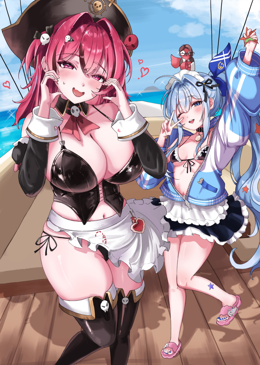 2girls absurdres anchor_(innocent_maid)_(nikke) anchor_(nikke) antenna_hair apron bird black_collar black_corset black_sleeves blue_eyes blue_jacket blue_ribbon breasts chu.n collar corset fang goddess_of_victory:_nikke hair_ornament hat heart heart_hands heart_in_eye highres jacket large_breasts looking_at_viewer maid_apron mast_(nikke) mast_(romantic_maid)_(nikke) morgan_(nikke) multiple_girls ocean official_alternate_hairstyle one_eye_closed open_clothes open_jacket open_mouth parrot pink_sandals pirate_hat ponytail red_eyes red_hair ribbon sandals skin_fang skull_collar skull_hair_ornament small_breasts starfish symbol_in_eye thick_thighs thighs v white_apron white_wrist_cuffs wrist_cuffs zipper