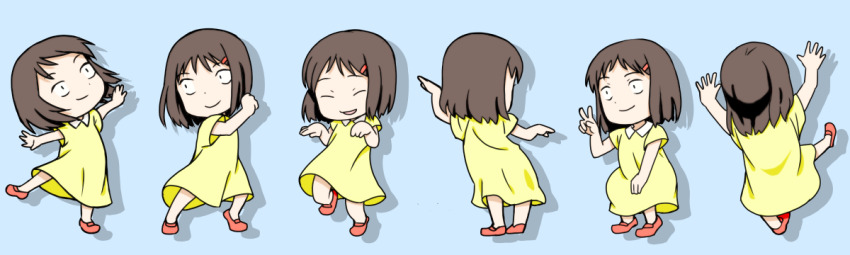 1girl ^_^ beeru_(veil8801) black_hair blue_background closed_eyes closed_mouth collared_dress contrast_collar dancing dress drop_shadow hair_ornament hairclip iwakura_mitsumi open_mouth red_shoes shoes short_hair short_sleeves simple_background skip_to_loafer smile yellow_dress