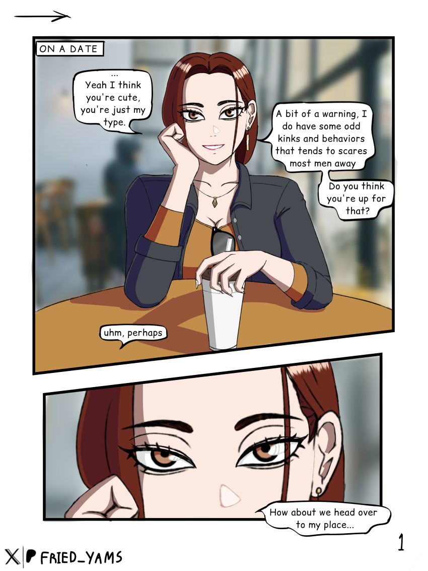 absurdres assertive_female brown_eyes cafe femdom hetero highres mature_female pov_across_table pov_dating red_hair sweetpotat0 table