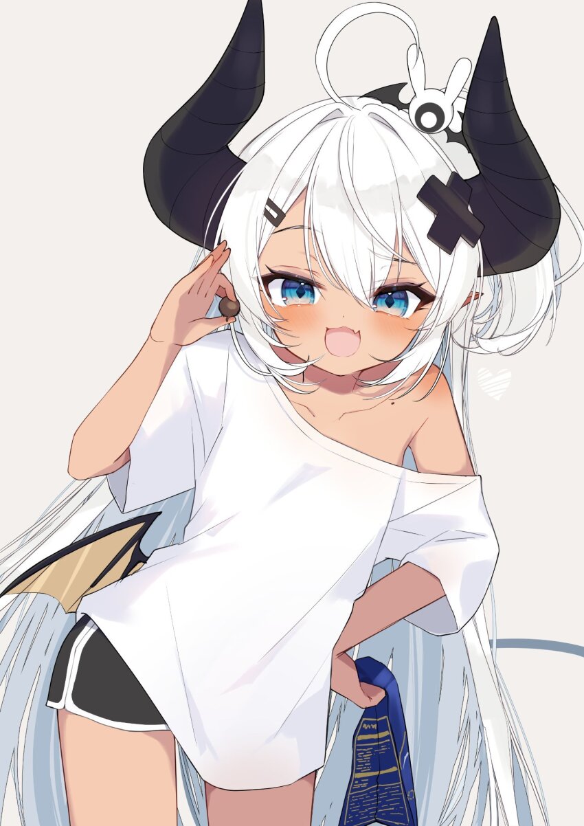 1girl :3 :d ahoge armpit_peek asagawa_mikan asagawa_mikan_(peachy_michi) bat_wings black_shorts blue_eyes candy collarbone demon_girl demon_horns demon_wings dolphin_shorts fang food hair_ornament hairclip highres horns indie_virtual_youtuber long_hair low_wings mole mole_on_shoulder open_mouth oversized_clothes oversized_shirt shirt shorts shoulder_blush single_bare_shoulder skin_fang smile t-shirt tan virtual_youtuber white_shirt wings x_hair_ornament