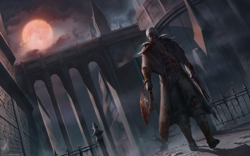 1boy absurdres bandaged_head bandages blood bloodborne bloody_weapon bridge brown_gloves brown_pants cloud cloudy_sky facial_hair fence gloves gun handgun highres holding holding_gun holding_weapon hunter_(bloodborne) moon mustache night outdoors pants red_moon saw saw_cleaver sky solo themaestronoob torn_boots walking weapon