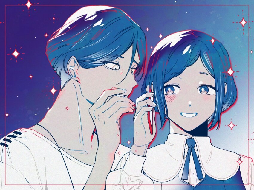 1boy 1girl b1ue_e4rth blue_eyes blue_hair blue_theme blush collared_shirt colored_lineart commentary_request frilled_shirt frills fukurai_azami hand_up holding holding_phone korean_commentary limited_palette long_sleeves looking_at_another meguriya_ayumu open_mouth phone shirt short_hair smile sparkle talking_on_phone toshi_densetsu_kaitai_center upper_body whispering