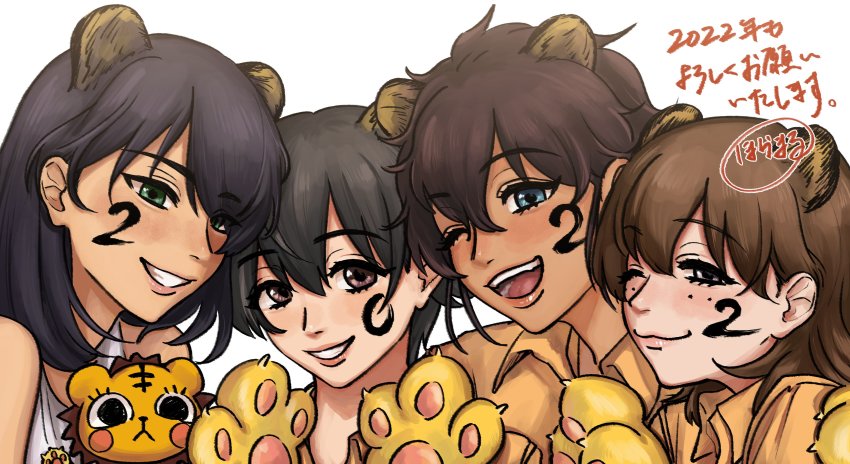 2022 4girls absurdres animal_ears animal_hands artist_name black_hair blue_eyes bob_cut brown_eyes brown_hair closed_mouth commentary dark-skinned_female dark_skin facepaint freckles girls_und_panzer gloves green_eyes grin half-closed_eyes highres hora_maru_mate hoshino_(girls_und_panzer) jumpsuit leopon_(animal) long_sleeves looking_at_viewer mechanic multiple_girls nakajima_(girls_und_panzer) new_year one_eye_closed open_mouth orange_jumpsuit paw_gloves shirt short_hair signature smile suzuki_(girls_und_panzer) tank_top tiger_ears translated tsuchiya_(girls_und_panzer) uniform white_background white_shirt