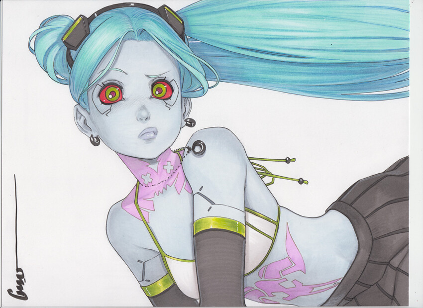 1girl aqua_hair artificial_eye artist_name bare_shoulders bikini bikini_top_only black_skirt breasts colored_sclera colored_skin cyberpunk:_edgerunners cyberpunk_(series) earrings green_eyes jewelry long_hair looking_at_viewer marker_(medium) mechanical_eye miniskirt navel neck_tattoo necklace omar_dogan pink_tattoo pleated_skirt purple_lips raised_eyebrow rebecca_(cyberpunk) red_pupils red_sclera signature skirt small_breasts solo stomach_tattoo swimsuit tattoo thick_lips traditional_media twintails white_background white_bikini white_skin