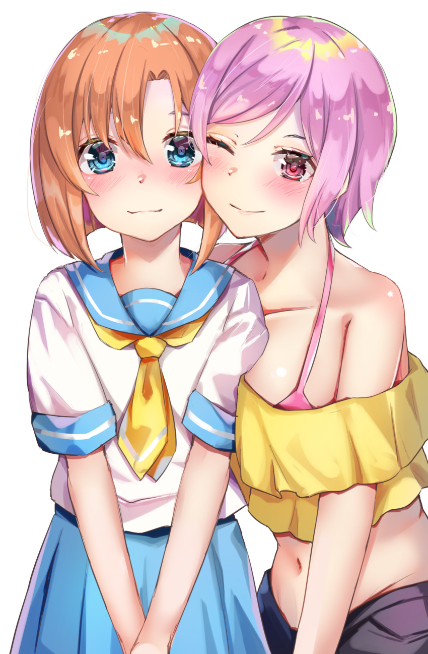 2girls bare_shoulders blue_eyes blue_skirt blush bob_cut breasts collarbone crop_top flat_chest hair_between_eyes highres higurashi_no_naku_koro_ni looking_at_viewer mamiya_rina medium_breasts midriff multiple_girls navel neckerchief off-shoulder_shirt off_shoulder official_alternate_costume official_alternate_hairstyle one_eye_closed orange_hair pants parted_bangs pink_hair pleated_skirt red_eyes ryuuguu_rena sailor_collar school_uniform serafuku shirt short_hair short_sleeves sidelocks simple_background skirt smile white_background white_serafuku yellow_neckerchief yuunamida_uyu