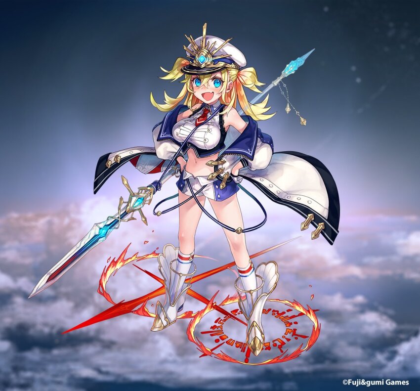 1girl :d ancient_killers_(phantom_of_the_kill) aqua_eyes bare_shoulders blonde_hair blue_shorts breasts commentary_request company_name fang full_body gisla_(phantom_of_the_kill) hair_behind_ear hands_on_own_hips hat holding holding_polearm holding_weapon jacket large_breasts looking_at_viewer midriff necktie official_art open_mouth phantom_of_the_kill polearm red_necktie second-party_source shorts smile socks solo spear standing two-tone_shorts two_side_up weapon white_jacket white_shorts white_socks