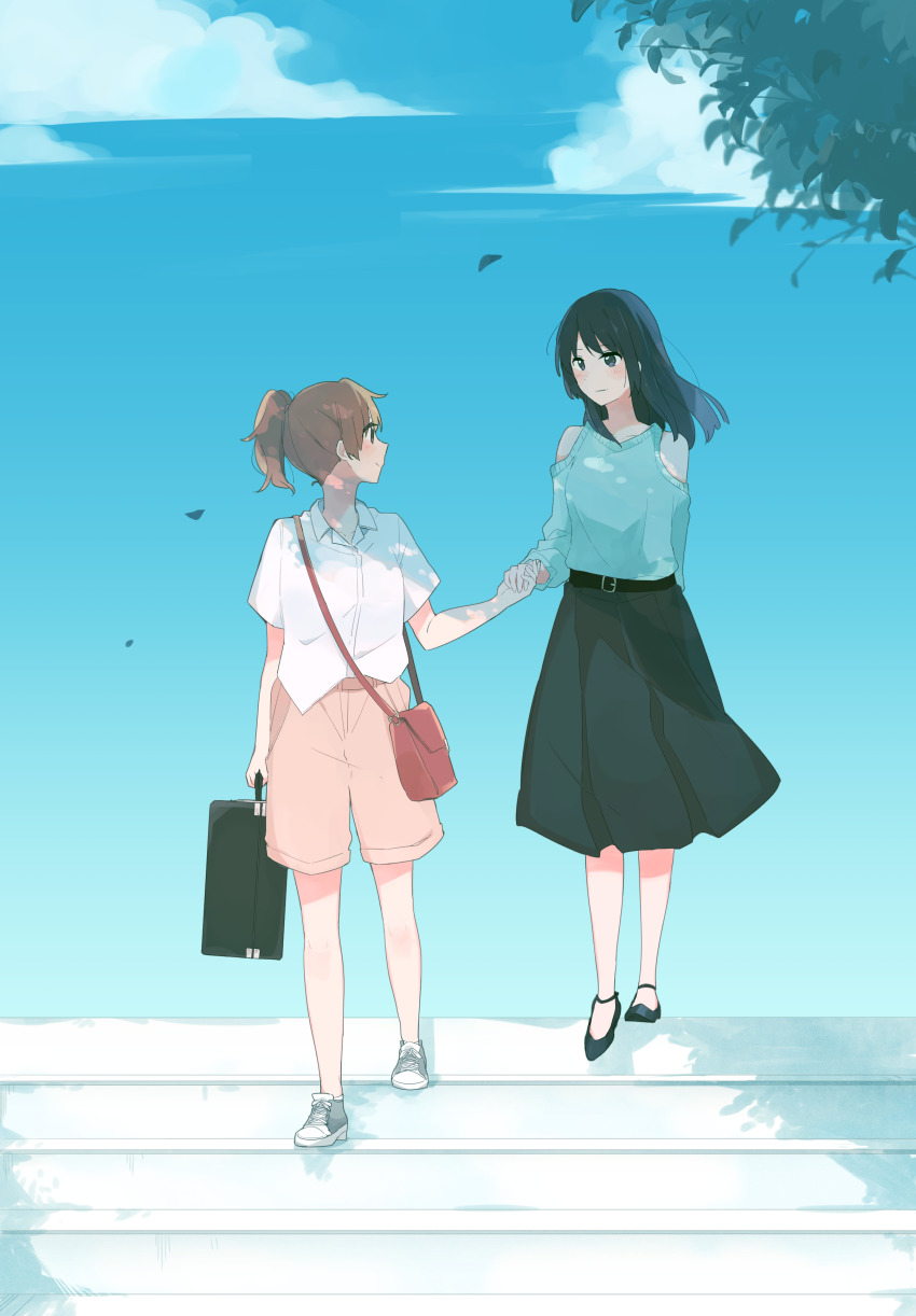 2girls absurdres bag belt black_footwear black_hair blue_shirt blue_sky blush brown_eyes brown_hair cetacea_kw closed_mouth clothing_cutout cloud collared_shirt flats grey_footwear grey_skirt handbag hibike!_euphonium highres holding holding_hands holding_suitcase kousaka_reina leaf long_hair long_sleeves looking_at_another medium_hair multiple_girls oumae_kumiko outdoors outstretched_arm pink_shorts ponytail purple_eyes shirt shoes short_sleeves shorts shoulder_cutout skirt sky smile stairs standing suitcase tree white_shirt