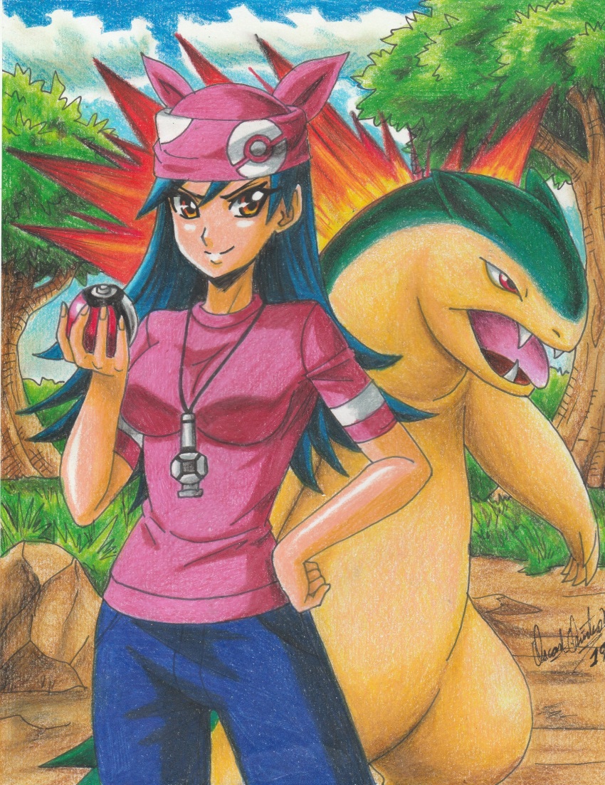 1girl 2019 absurdres artist_name bandana blue_hair breasts brown_eyes closed_mouth cowboy_shot day denim fangs fire forest gen_2_pokemon grass hand_on_own_hip highres holding holding_poke_ball jeans jewelry lisa_(pokemon) long_hair medium_breasts nature nintendo open_mouth outdoors pants pendant pink_headwear pink_shirt poke_ball poke_ball_print pokemon pokemon_(anime) pokemon_(classic_anime) pokemon_(creature) pokemon_3:_the_movie_-_spell_of_the_unown:_entei ravernclouk_design red_eyes rock shirt short_sleeves sky standing traditional_media typhlosion
