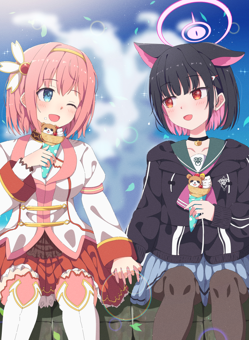 2girls :d ;d absurdres animal_ears black_choker black_hair black_hoodie black_pantyhose blue_archive blue_eyes blunt_bangs blush bob_cut cat_choker cat_ears cat_girl choker colored_inner_hair commentary commission couple crepe crossover day extra_ears food food_on_face frilled_skirt frills green_sailor_collar hair_ornament hairband hairclip halo happy highres holding holding_crepe holding_food holding_hands hood hood_down hoodie interlocked_fingers juliet_sleeves kazusa_(blue_archive) long_sleeves looking_at_another medium_hair mikoshi_(user_wvyd4348) miniskirt multicolored_hair multiple_girls neckerchief one_eye_closed open_mouth outdoors pantyhose pink_hair pink_halo pink_neckerchief pleated_skirt princess_connect! puffy_sleeves red_eyes red_skirt sailor_collar school_uniform serafuku shirt side-by-side sitting skeb_commission skirt smile straight_hair thighhighs two-tone_hair white_shirt white_skirt white_thighhighs yellow_hairband yui_(princess_connect!) yuri