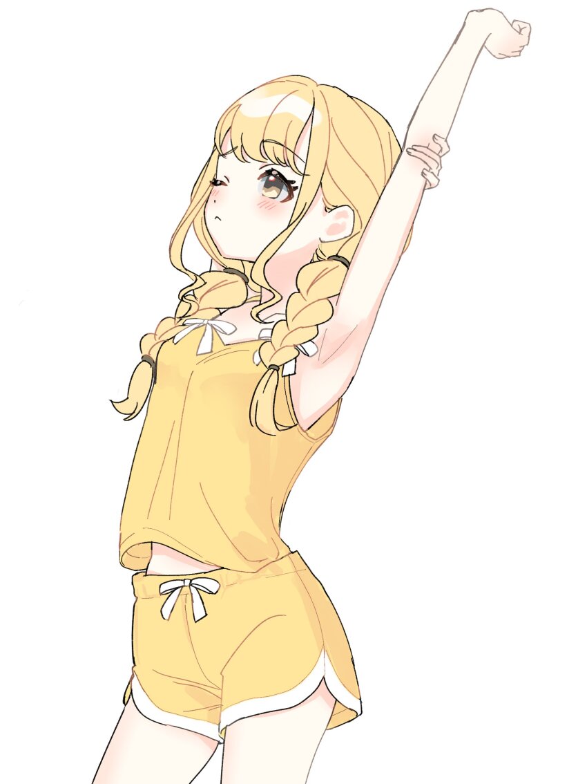1girl absurdres armpits arms_up blonde_hair blush braid breasts camisole dolphin_shorts fujita_kotone gakuen_idolmaster highres idolmaster kanipoposu long_hair looking_ahead midriff_peek one_eye_closed shorts simple_background small_breasts solo stretching thighs twin_braids white_background yellow_camisole yellow_eyes yellow_shorts