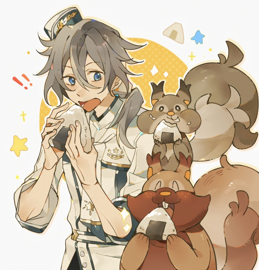 ! !! 1boy absurdres black_hat blue_eyes chinese_commentary commentary_request ensemble_stars! food gen_8_pokemon greedent grey_hair hair_between_eyes hat highres holding holding_food jacket long_hair male_focus nintendo onigiri open_mouth pokemon shiina_niki skwovet sleeves_rolled_up tie_fei_wu_mang_dashuai upper_body white_jacket