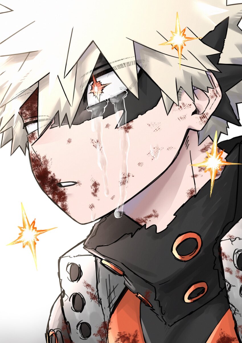 1boy aloeyogul1 bakugou_katsuki blonde_hair blood blood_on_clothes blood_on_face boku_no_hero_academia collared_shirt commentary_request crying crying_with_eyes_open diamond-shaped_pupils diamond_(shape) explosion eye_mask from_side highres looking_ahead male_focus mismatched_pupils multicolored_clothes multicolored_shirt orange_eyes shirt solo streaming_tears superhero_costume symbol-shaped_pupils tears torn_clothes torn_mask torn_shirt upper_body