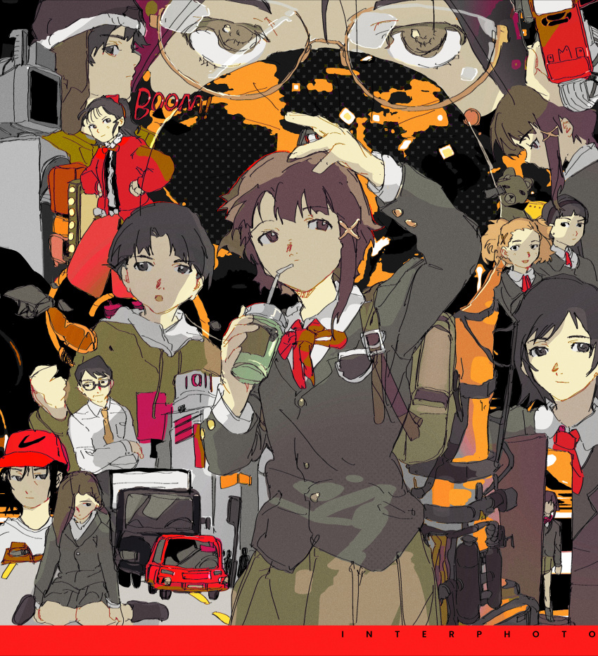 4boys 6+girls absurdres asymmetrical_hair backpack bag baseball_cap black_hair blazer box_truck brown_eyes brown_hair cable car cloudyooooo cup disposable_cup drinking_straw glasses hair_ornament hair_over_one_eye hairband hairclip hat highres holding holding_cup hood hood_down hoodie iwakura_lain iwakura_mika iwakura_yasuo jacket katou_juri_(serial_experiments_lain) long_hair masayuki_(serial_experiments_lain) mizuki_alice motor_vehicle multiple_boys multiple_girls multiple_persona myu-myu neck_ribbon necktie orange_hair red_ribbon ribbon school_uniform serial_experiments_lain short_hair single_sidelock stuffed_animal stuffed_toy tarou_(serial_experiments_lain) teddy_bear truck twintails x_hair_ornament yamamoto_reika yomoda_chisa