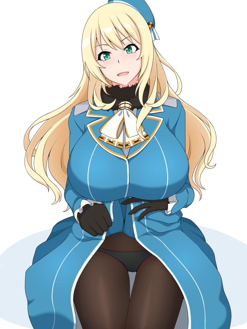 1girl ascot atago_(kancolle) beret black_gloves black_panties black_pantyhose blonde_hair blue_hat blue_jacket breasts clothes_lift gloves green_eyes hat highres huge_breasts jacket kantai_collection lactone long_hair looking_at_viewer military military_uniform open_mouth panties panties_under_pantyhose pantyhose skirt skirt_lift solo underwear very_long_hair white_ascot white_background