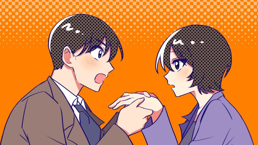 1boy 1girl black_necktie black_shirt blush brown_jacket chinese_commentary commentary_request eye_contact grabbing_another&#039;s_hand halftone halftone_background highres jacket looking_at_another meitantei_conan necktie open_clothes open_jacket open_mouth orange_background profile purple_jacket sankin_(_sankin510) satou_miwako shirt suit_jacket takagi_wataru_(meitantei_conan) upper_body v-shaped_eyebrows white_shirt