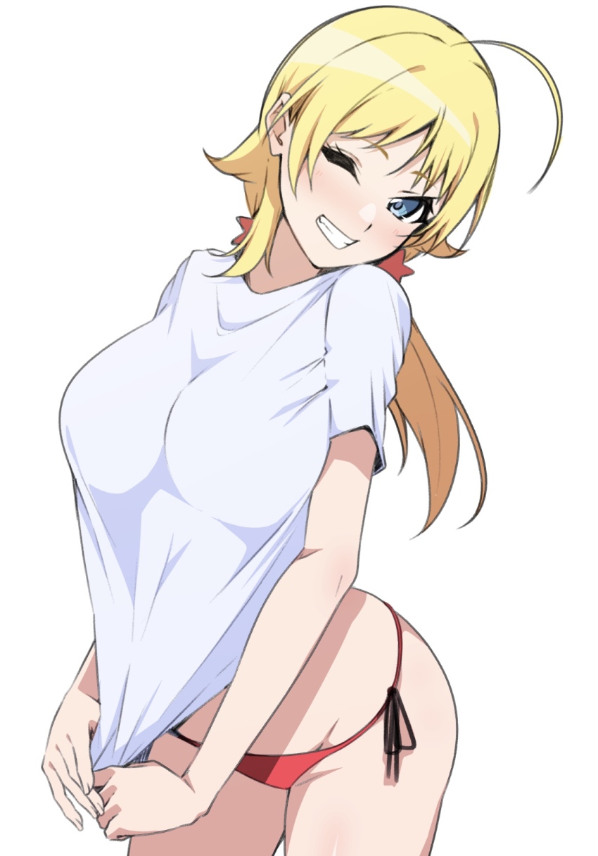 1girl ahoge bikini bikini_under_clothes blonde_hair blue_eyes breasts commentary cowboy_shot grin hachimiya_meguru head_tilt highres idolmaster idolmaster_shiny_colors large_breasts long_hair looking_at_viewer low_twintails monya_monya_(tmsc7752) one_eye_closed red_bikini simple_background smile solo swimsuit twintails white_background