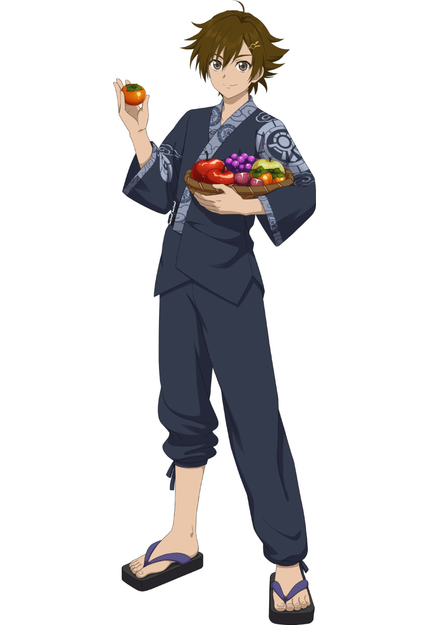 1boy ahoge apple commentary english_commentary flip-flops food fruit full_body grapes hair_between_eyes hair_ornament highres holding holding_food holding_fruit japanese_clothes kimono kor_meteor looking_at_viewer male_focus official_art sandals smile solo tales_of_(series) tales_of_asteria tales_of_hearts toenails toes wide_sleeves
