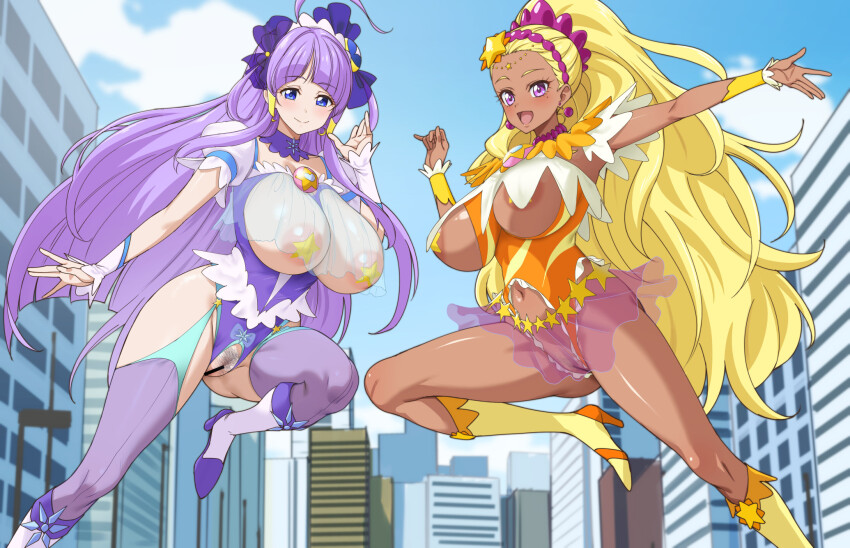 2girls ahoge amamiya_elena bar_censor blonde_hair blue_bow blue_eyes blue_garter_straps boots bow breastless_clothes breastless_leotard breasts building censored cleavage cleft_of_venus covered_erect_nipples crotchless crotchless_leotard cure_selene cure_soleil dark_skin day earrings fuooooo garter_straps hair_bow highres jewelry kaguya_madoka large_breasts leotard long_hair looking_at_viewer multiple_girls navel no_panties open_mouth outdoors paid_reward_available pasties precure pubic_hair purple_eyes purple_hair purple_thighhighs pussy sky smile star_twinkle_precure thighhighs underboob very_long_hair yellow_boots