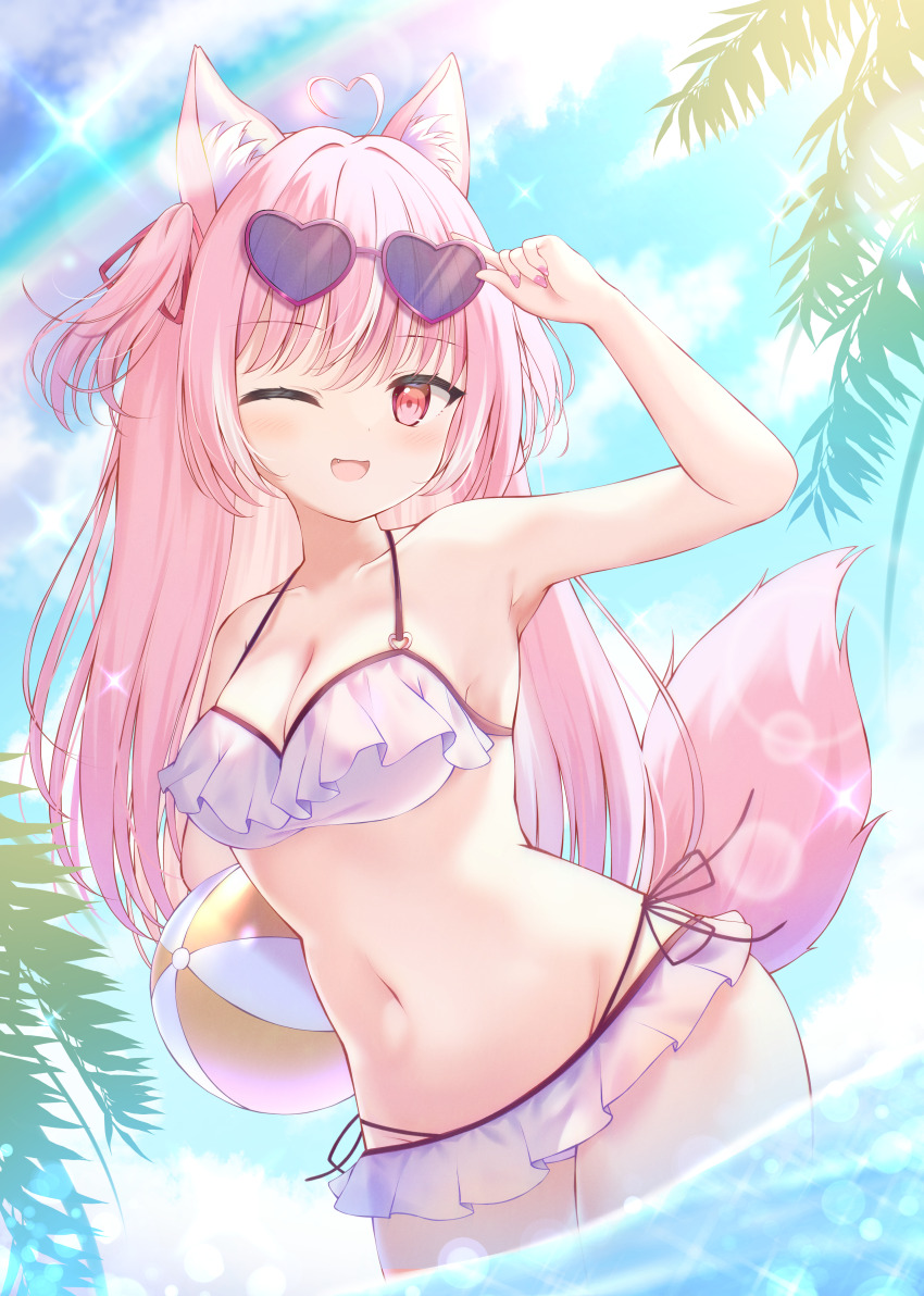 1girl ;d absurdres animal_ear_fluff animal_ears ball beachball bikini blue_sky breasts cleavage commentary_request day eyewear_on_head fang fox_ears fox_girl fox_tail frilled_bikini frills heart heart-shaped_eyewear highres holding holding_ball holding_beachball liuliu long_hair medium_breasts nail_polish navel one_eye_closed open_mouth original outdoors pink_hair pink_nails red_eyes sky smile solo swimsuit tail two_side_up water white_bikini