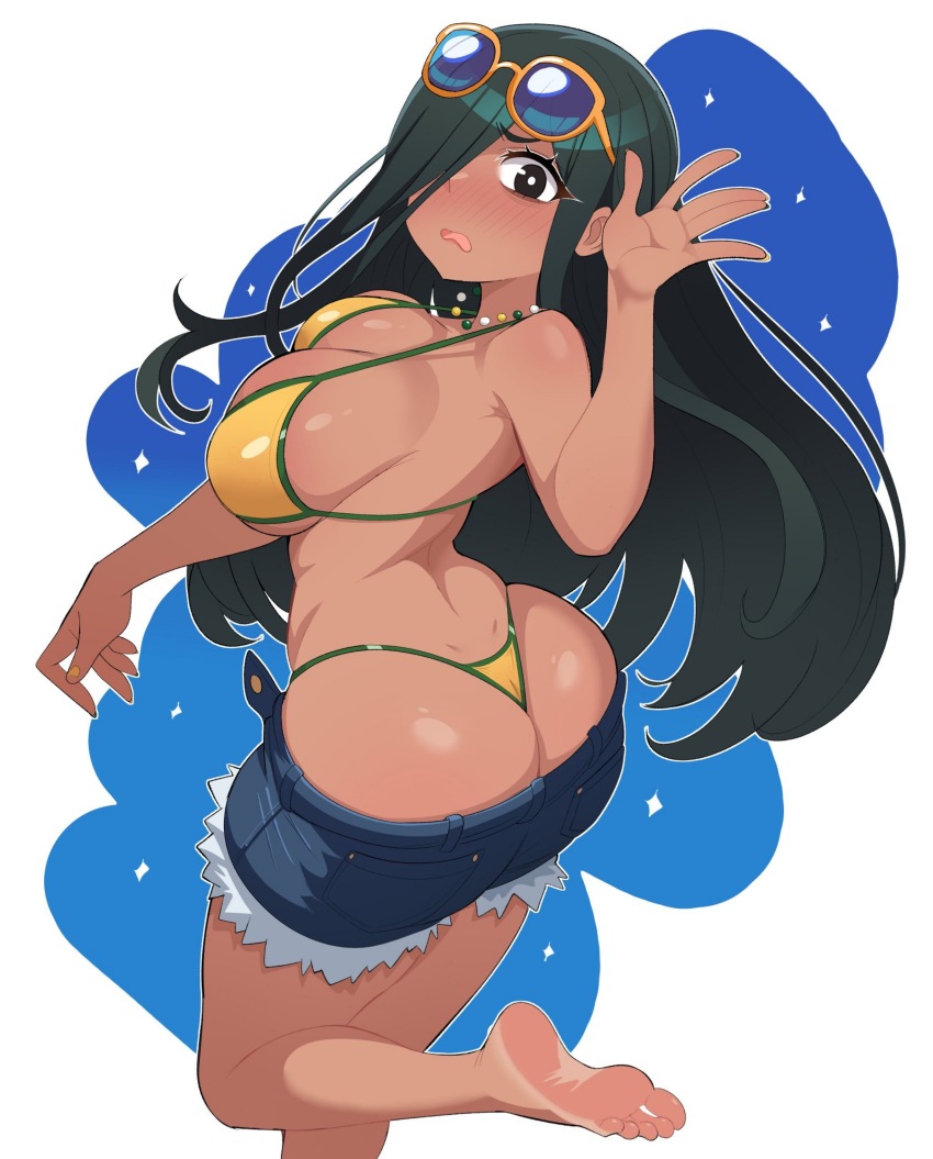 1girl absurdres alternate_skin_color ass bags_under_eyes bare_shoulders barefoot bikini blush brazilian_miku brazilian_miku_(cosplay) brazilian_sadako breasts brown_eyes cosplay dark_skin embarrassed from_above from_behind green_hair hair_over_one_eye hatsune_miku highres huge_ass large_breasts long_hair looking_down maidcousin open_mouth short_shorts shorts sideboob solo swimsuit the_ring thong thong_bikini very_long_hair vocaloid whale_tail_(clothing) yamamura_sadako