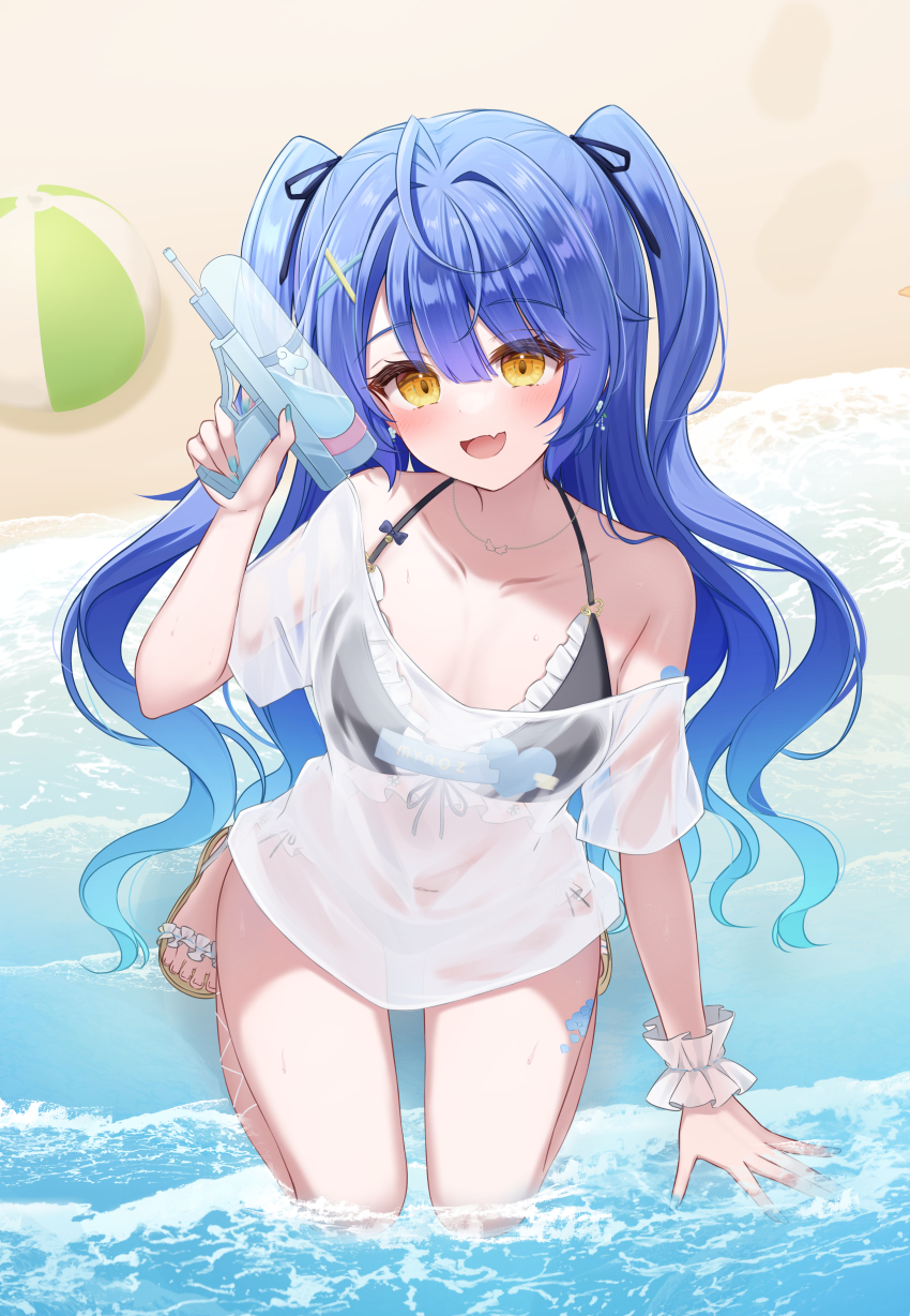 1girl absurdres ahoge amamiya_kokoro amamiya_kokoro_(7th_costume) arm_support bare_shoulders beach bikini bikini_under_clothes black_bikini blue_hair blush breasts collarbone commentary_request day fang frilled_bikini frilled_wrist_cuffs frills front-tie_bikini_top front-tie_top hair_between_eyes hair_ornament hair_ribbon hand_up highres holding holding_water_gun jewelry kneeling long_hair looking_at_viewer necklace nijisanji ocean open_mouth outdoors ribbon sandals see-through_clothes see-through_shirt shallow_water shirt side-tie_bikini_bottom skin_fang small_breasts smile solo swimsuit twintails very_long_hair virtual_youtuber water water_gun wet wet_clothes wet_shirt white_shirt white_wrist_cuffs wrist_cuffs x_hair_ornament yellow_eyes yukiunag1