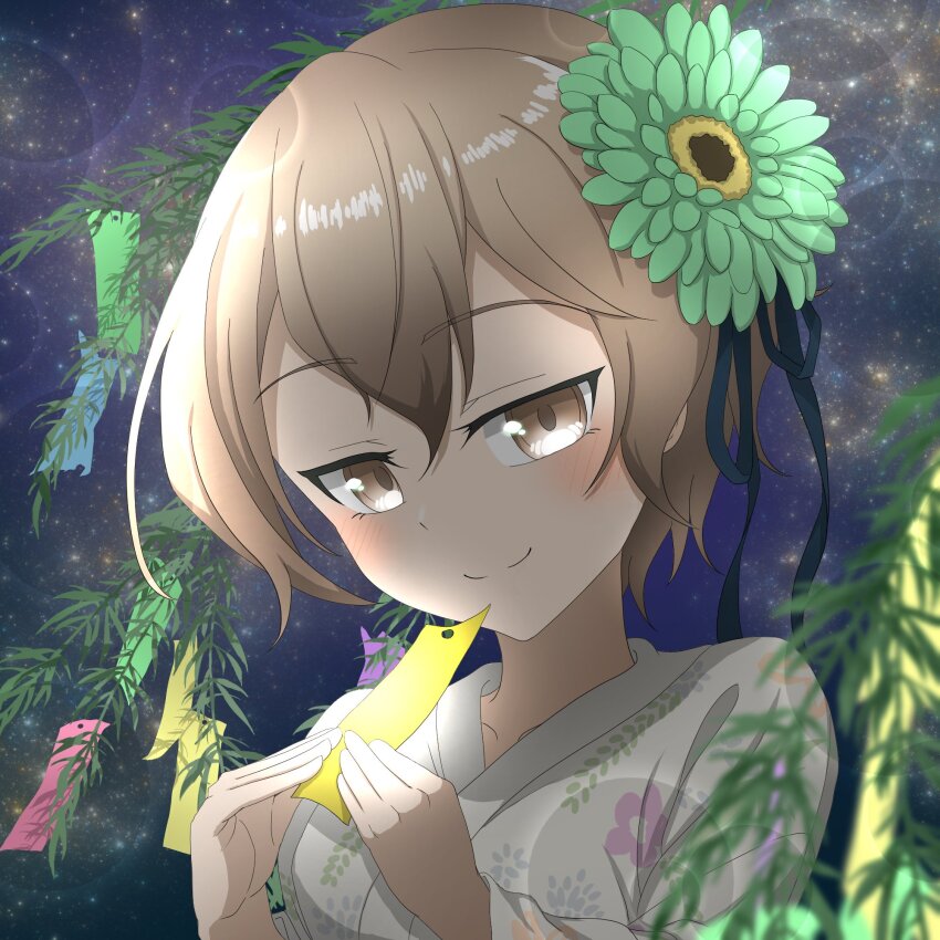 1girl akagi_yutaka black_ribbon blurry blurry_foreground blush brown_eyes brown_hair closed_mouth collarbone depth_of_field floral_print flower fujimori_mito green_flower hair_between_eyes hair_flower hair_ornament hair_ribbon half-closed_eyes hands_up highres holding japanese_clothes kimono lens_flare long_sleeves looking_at_viewer night night_sky nogi_wakaba_wa_yuusha_de_aru outdoors print_kimono ribbon short_hair sky smile solo star_(sky) starry_sky tanabata tanzaku upper_body white_kimono wide_sleeves yellow_flower yukata yuusha_de_aru