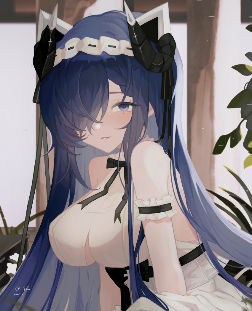 1girl absurdres august_von_parseval_(azur_lane) august_von_parseval_(the_conquered_unhulde)_(azur_lane) azur_lane bare_shoulders breasts clothing_cutout curled_horns dress hair_over_one_eye highres horns indoors large_breasts long_hair looking_at_viewer mechanical_horns official_alternate_costume plant purple_eyes purple_hair solo tiatan underboob underboob_cutout very_long_hair white_dress