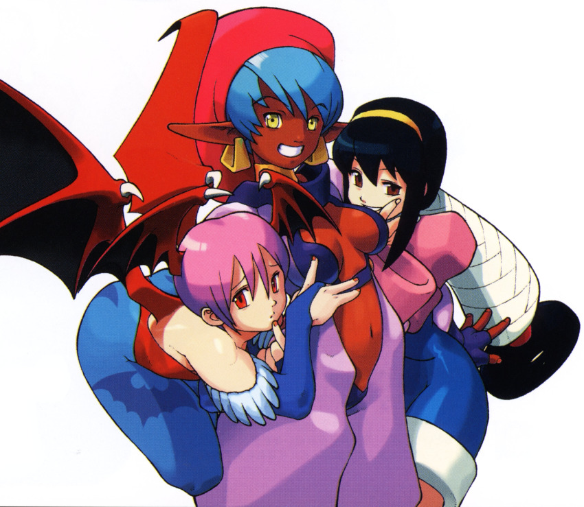 1990s_(style) 3girls animal_print bat_print bat_wings black_hair blue_hair blue_pantyhose bridal_gauntlets brown_eyes dark-skinned_female dark_skin darkstalkers demon_wings earrings ele_(star_gladiator) finger_to_mouth fingerless_gloves gloves grin hairband hat head_wings highres ishikawa_hideki jewelry leotard lilith_(darkstalkers) long_pointy_ears luca_(star_gladiator) medium_hair multiple_girls multiple_wings navel non-web_source official_art pantyhose pointy_ears purple_hair red_eyes red_leotard red_wings retro_artstyle scan short_hair simple_background smile star_gladiator white_background wings yellow_eyes