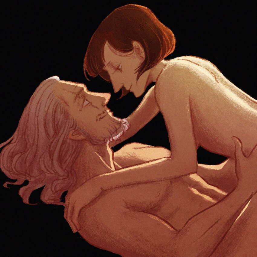 1boy 1girl beard black_background blunt_bangs brown_hair closed_mouth commentary couple english_commentary eye_contact facial_hair girl_on_top hair_behind_ear highres long_hair looking_at_another nude one_piece scar scar_across_eye scar_on_face shakuyaku_(one_piece) short_hair silvers_rayleigh smile white_hair zoeychuan