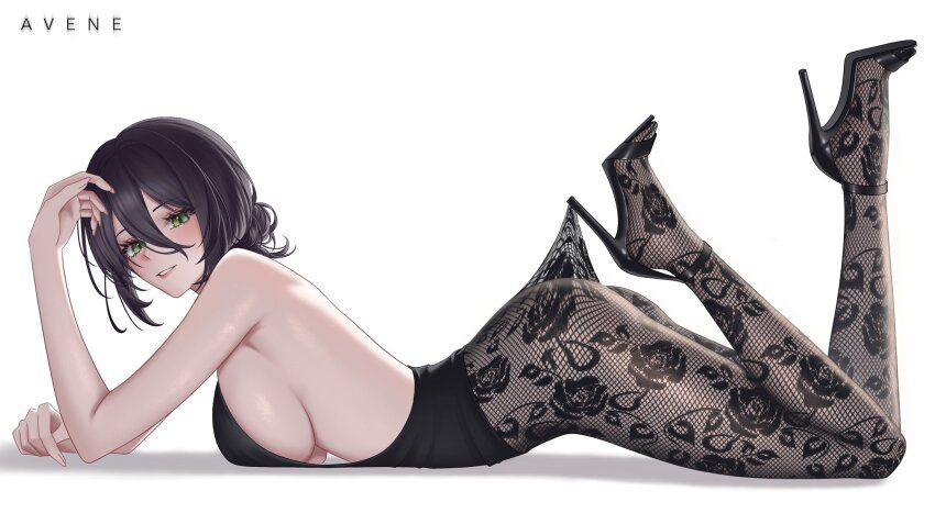 1girl artist_name ass avene_chan backless_dress backless_outfit black_dress black_pantyhose black_shoes breasts chainsaw_man dress feet_up from_side green_eyes hair_between_eyes hair_bun hashtag-only_commentary high_heels highres hooked_on_heel lace_pantyhose lace_pantyhose_hooked_on_heel_(meme) large_breasts long_hair_between_eyes looking_at_viewer lying meme on_stomach pantyhose parted_lips purple_hair reze_(chainsaw_man) shoes short_hair sideboob simple_background single_hair_bun solo white_background