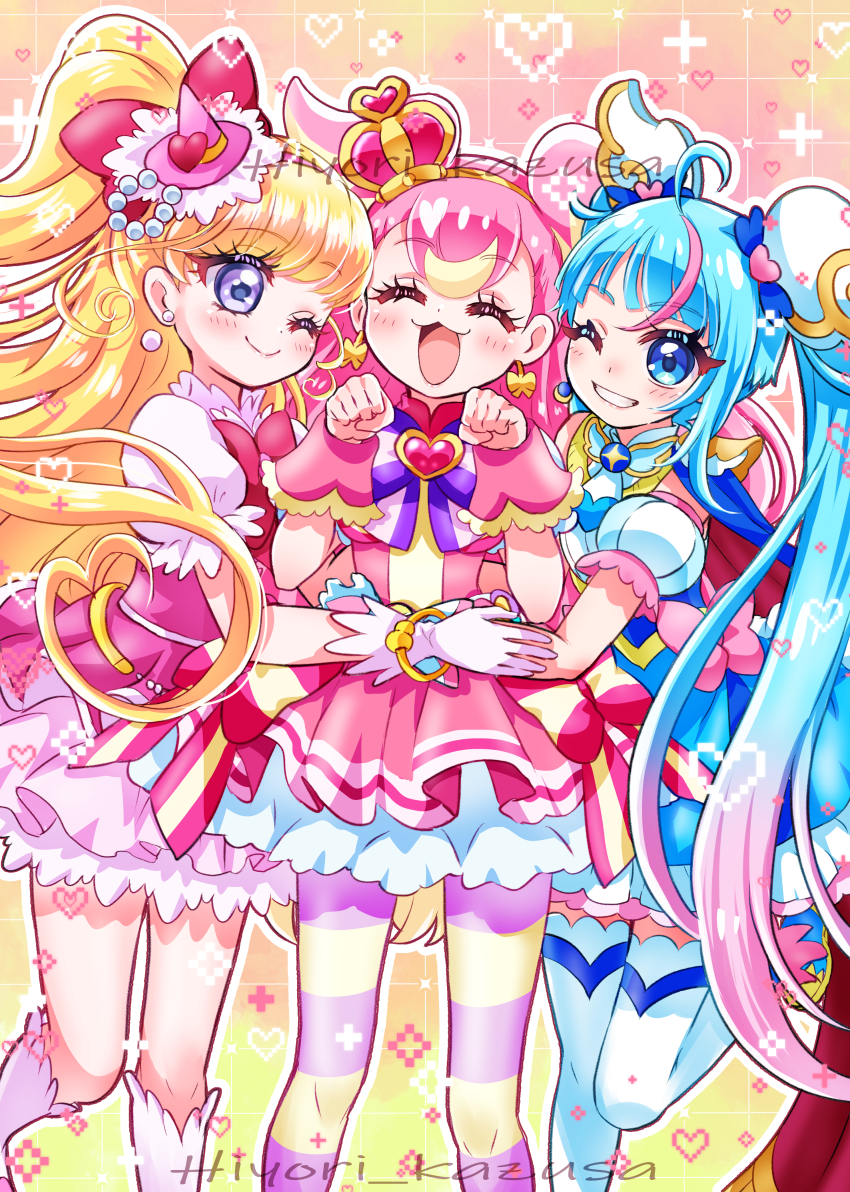 3girls :3 absurdres ankle_boots artist_name asahina_mirai blonde_hair blue_cape blue_dress blue_eyes blue_footwear blue_hair boots bow bowtie brooch cape crown cure_miracle cure_sky cure_wonderful cut_bangs detached_sleeves dress dress_bow earrings fingerless_gloves frilled_cuffs frilled_dress frills gloves gradient_hair group_hug hair_bow hair_ornament hairband hat heart heart_brooch highres hirogaru_sky!_precure hug in-franchise_crossover inukai_komugi jewelry kazusa_hiyori kneehighs leg_up long_hair magical_girl mahou_girls_precure! mini_hat mini_witch_hat multicolored_hair multiple_girls one_eye_closed one_side_up open_mouth pantyhose paw_pose petticoat pink_bow pink_dress pink_hair pink_hat pink_pantyhose precure puffy_detached_sleeves puffy_short_sleeves puffy_sleeves purple_bow purple_bowtie purple_eyes red_bow red_bowtie red_cape red_crown red_dress short_dress short_sleeves single_earring single_sidelock sleeveless sleeveless_dress smile socks sora_harewataru standing standing_on_one_leg streaked_hair striped_clothes striped_pantyhose thighhighs tilted_headwear trait_connection twintails twitter_username two-sided_cape two-sided_fabric two-tone_dress two-tone_hair two_side_up very_long_hair white_dress white_gloves white_socks white_thighhighs wing_brooch wing_hair_ornament witch_hat wonderful_precure! yellow_hairband yellow_pantyhose