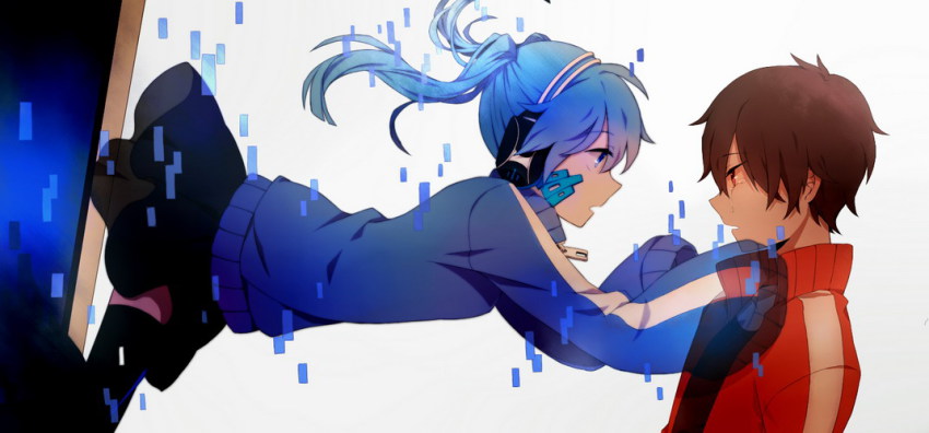 1boy 1girl black_hair blue_eyes blue_hair bookcage computer ene_(kagerou_project) headphones imminent_hug jacket kagerou_project kisaragi_shintarou long_hair open_mouth red_eyes short_hair skirt tears thighhighs track_jacket twintails vocaloid yamaha