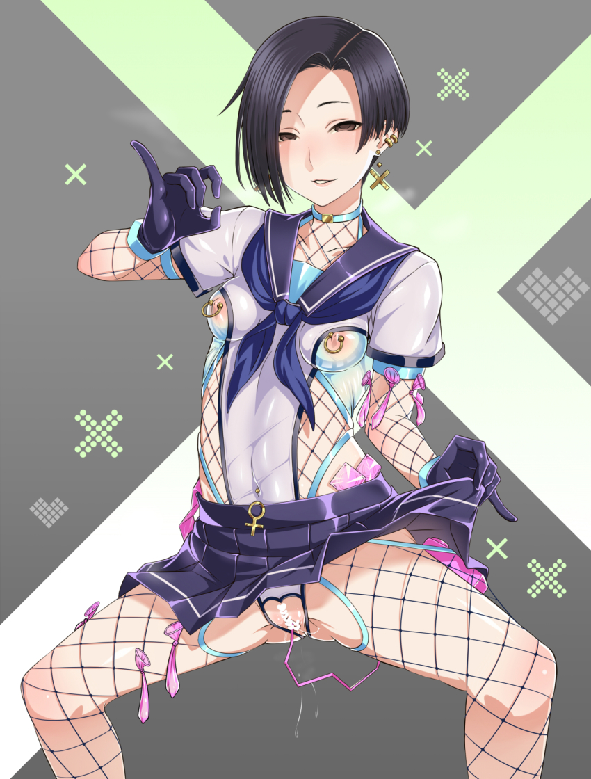 1girl ass black_hair blush bodystocking brown_eyes censored clothes_lift condom corruption earrings fishnet_bodystocking fishnets gloves gozaru grin handjob_gesture heart heart_censor highres jewelry kobayakawa_rinko lifting_own_clothes looking_at_viewer love_plus miniskirt navel navel_piercing nipple_piercing nipples object_insertion piercing piercing_through_clothes pleated_skirt purple_eyes pussy_juice school_uniform see-through_clothes serafuku short_hair skirt skirt_lift smile solo spread_legs used_condom vaginal vaginal_object_insertion