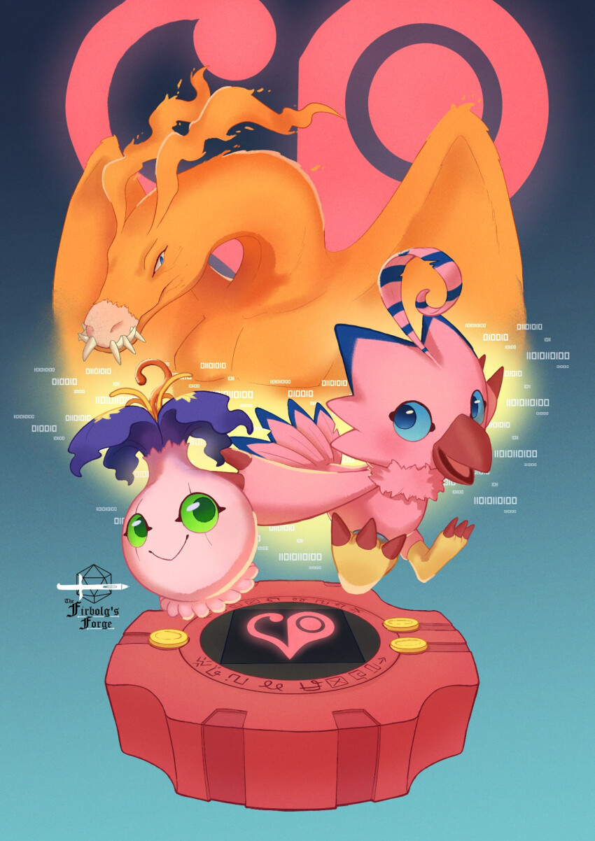 birdramon digimon digimon_(creature) digimon_adventure digivice fire heart highres piyomon pyocomon sharp_teeth teeth wings