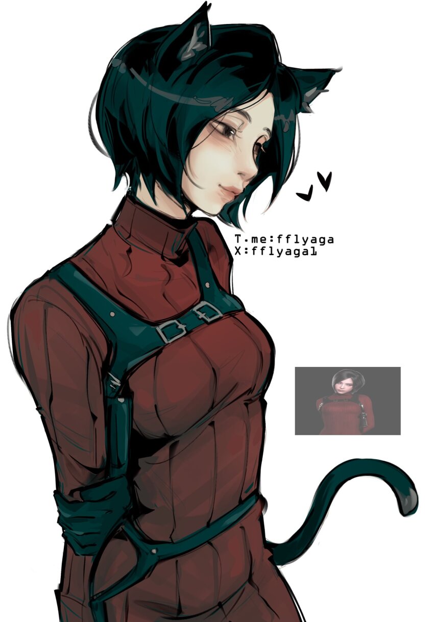 1girl ada_wong arm_behind_back black_gloves black_hair breasts cat_girl cat_tail chest_harness dress fflyaga1 gloves harness highres kemonomimi_mode light_smile medium_breasts parted_bangs red_dress reference_inset resident_evil resident_evil_4 resident_evil_4_(remake) ribbed_sweater short_hair solo sweater sweater_dress tail turtleneck turtleneck_dress turtleneck_sweater upper_body white_background
