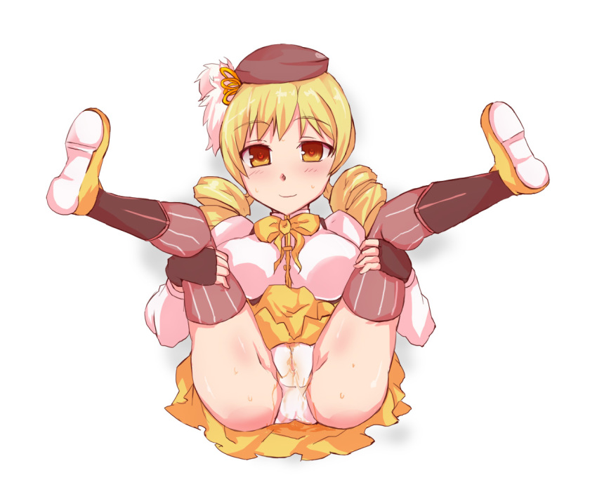 1girl blonde_hair blush closed_mouth fingerless_gloves gedou_danshaku gloves looking_at_viewer mahou_shoujo_madoka_magica panties peeing peeing_self ribbon simple_background solo spread_legs tagme thighhighs tomoe_mami underwear white_background white_panties yellow_eyes