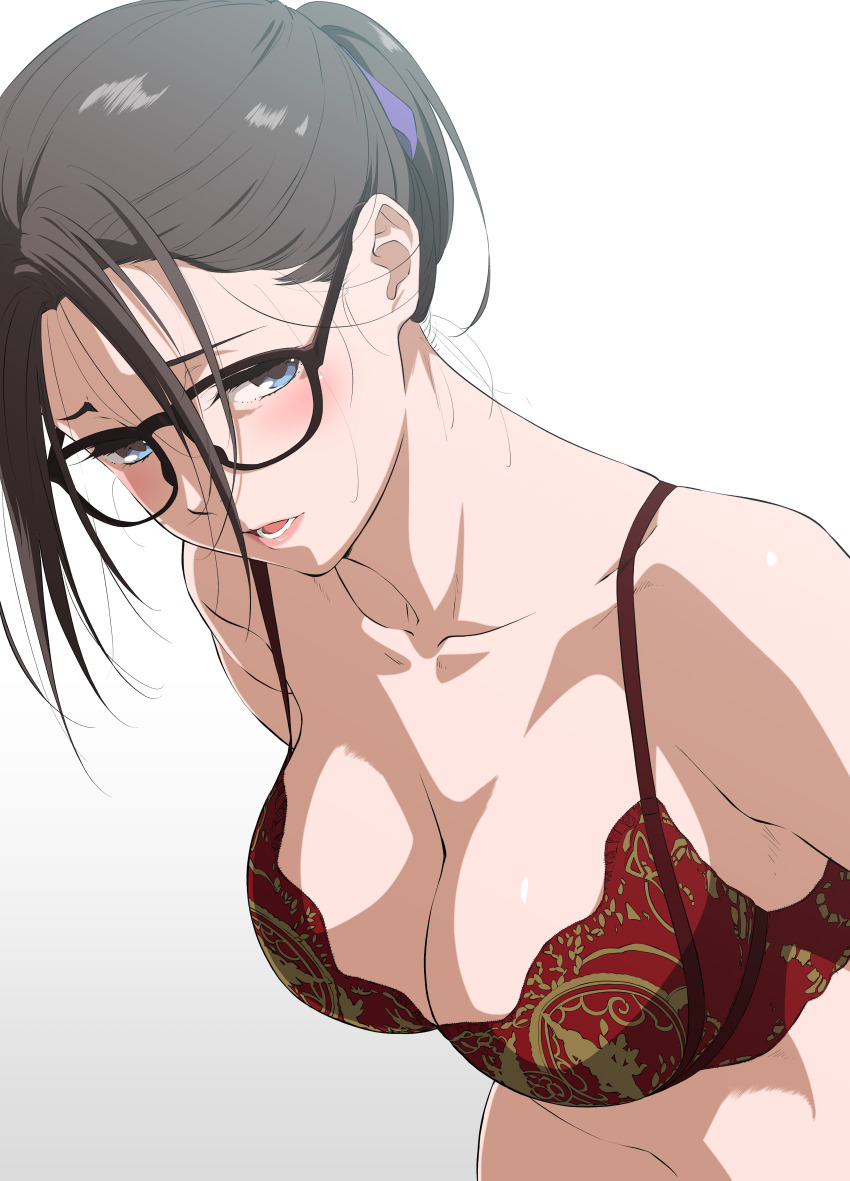 1girl absurdres black-framed_eyewear black_hair blue_eyes blush bra breasts cleavage collarbone commentary_request glasses hair_ribbon highres kakitama large_breasts looking_at_viewer lower_teeth_only open_mouth original purple_ribbon red_bra ribbon short_hair simple_background solo teeth underwear underwear_only upper_body white_background
