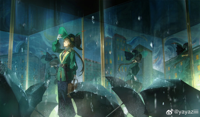 1girl bag black_skirt black_umbrella blue_sky brown_bag brown_hair building different_reflection feet_out_of_frame flower from_side glasses gloves green_hat green_jacket hand_up hat hat_feather hat_flower highres holding holding_bag jacket kakania_(reverse:1999) long_skirt looking_at_object low_ponytail mirror neck_ribbon pencil_skirt ponytail rain red_ribbon reflection reverse:1999 ribbon round_eyewear semi-rimless_eyewear shirt skirt sky solo standing sun_hat umbrella under-rim_eyewear water_drop watermark weibo_watermark white_gloves white_shirt yayaziiii